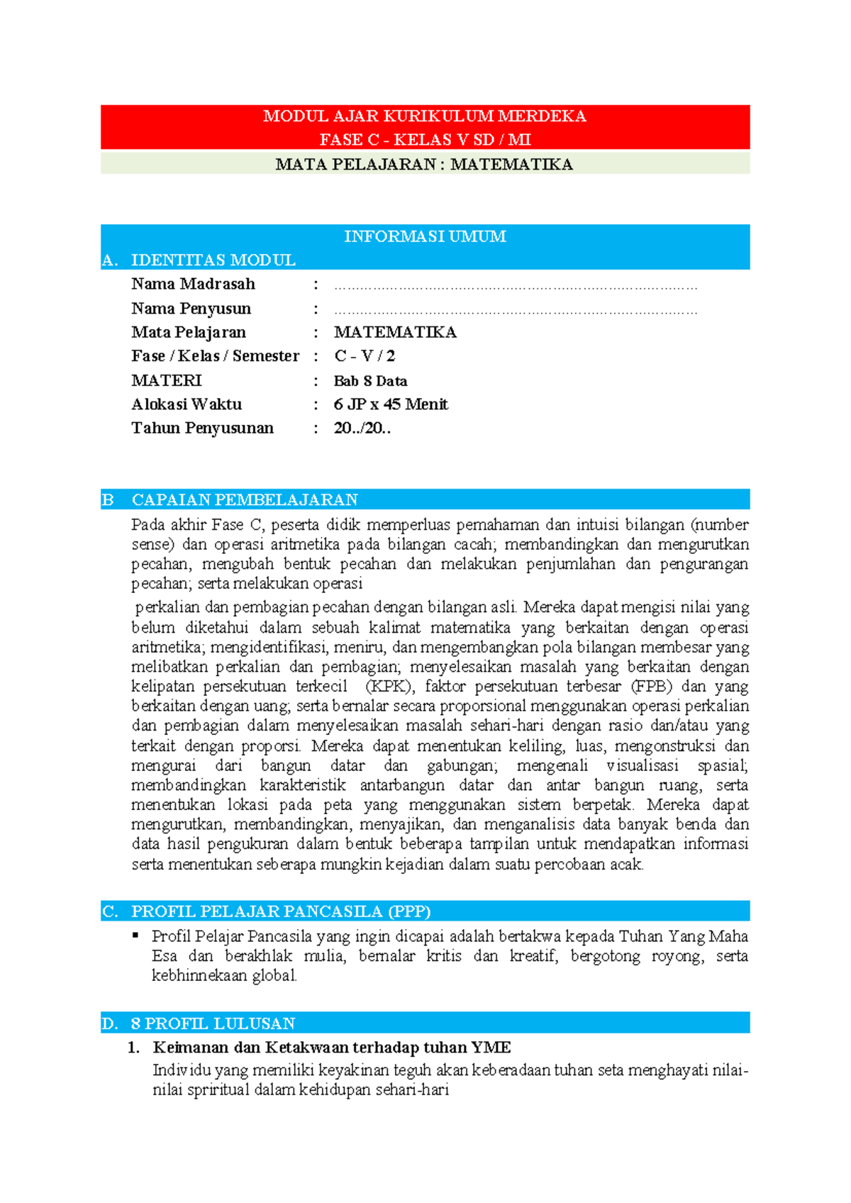 Modul Ajar Kurikulum Merdeka Fase C Kelas V SD MI: Matematika Bab 8 Data - Document Preview