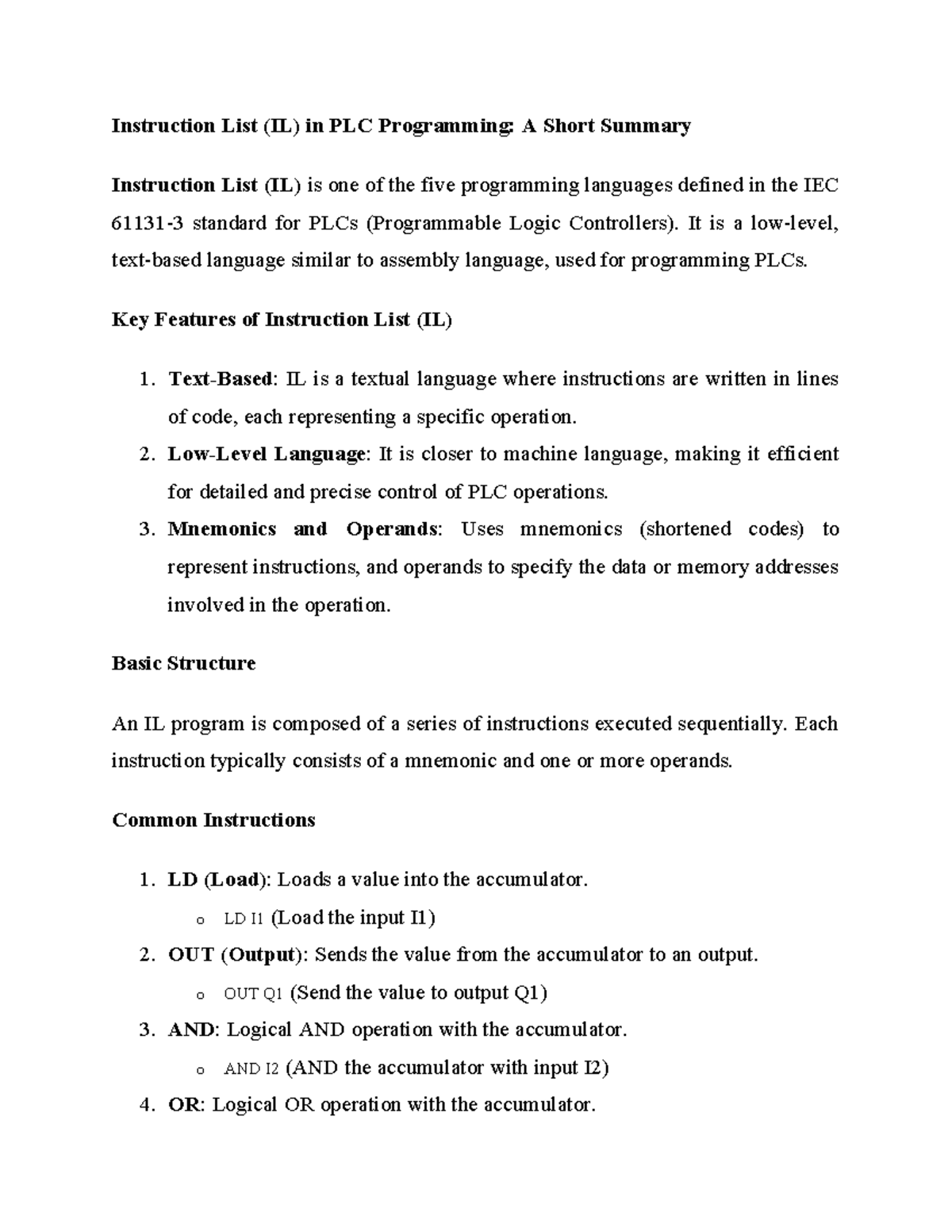 Instruction List (IL) Overview: Key Features and Example Programs - Studocu