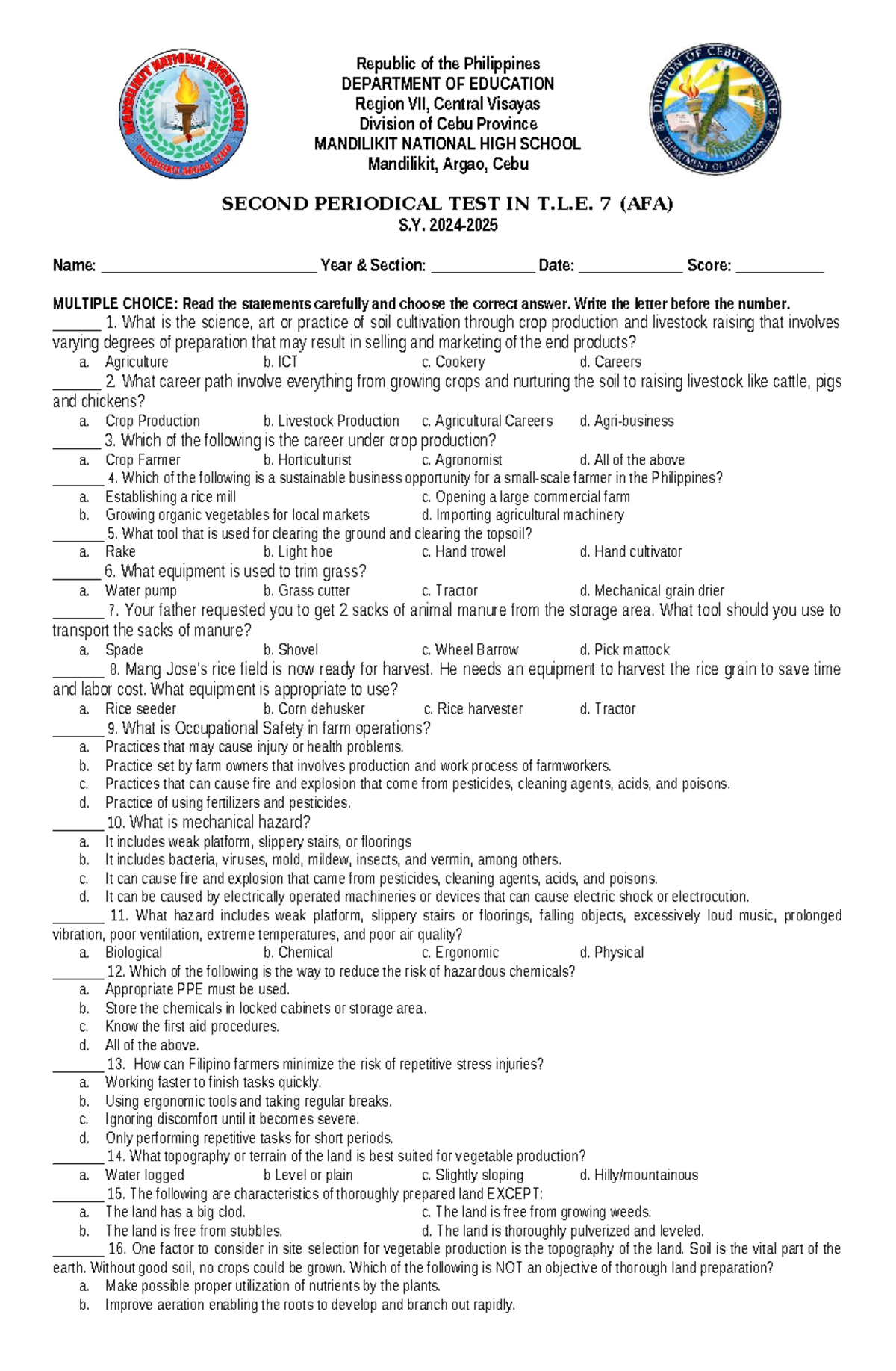 T.L.E. 7 Second Periodical Test Review and Exam Guide - Studocu