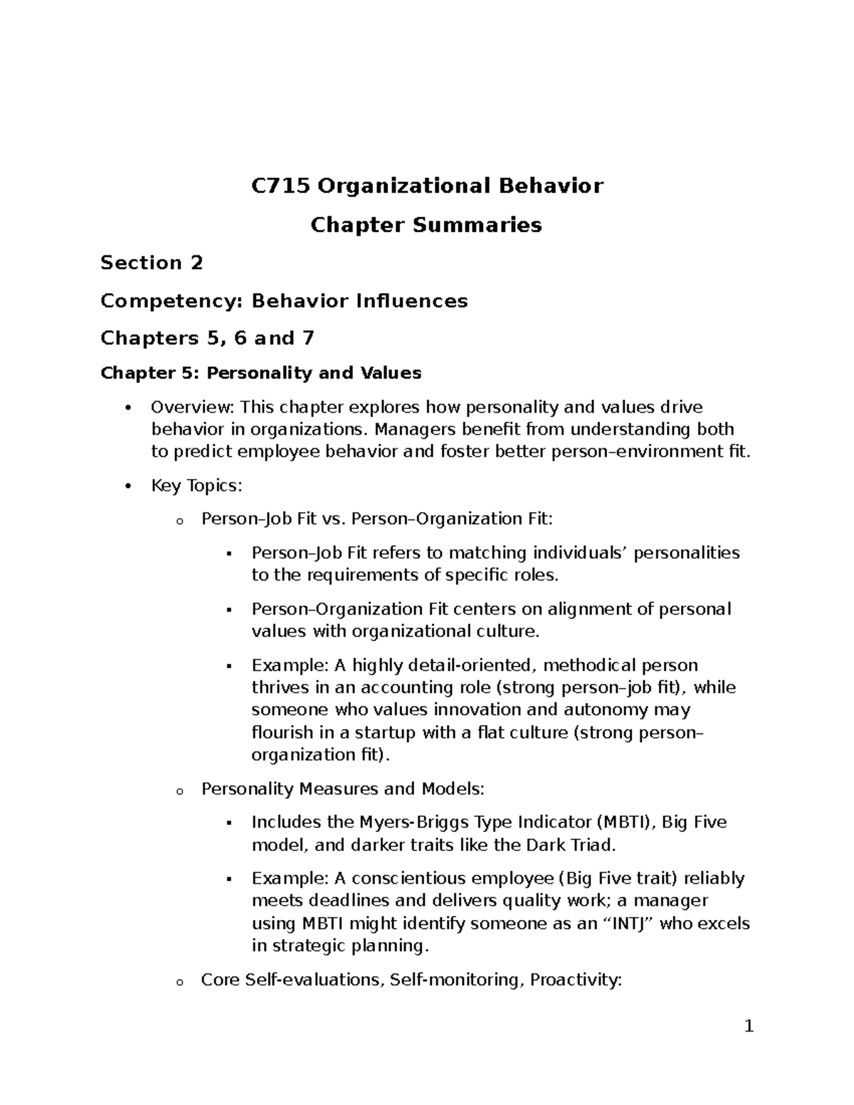 C715 Organizational Behavior Chapter Summaries: Key Insights from ...