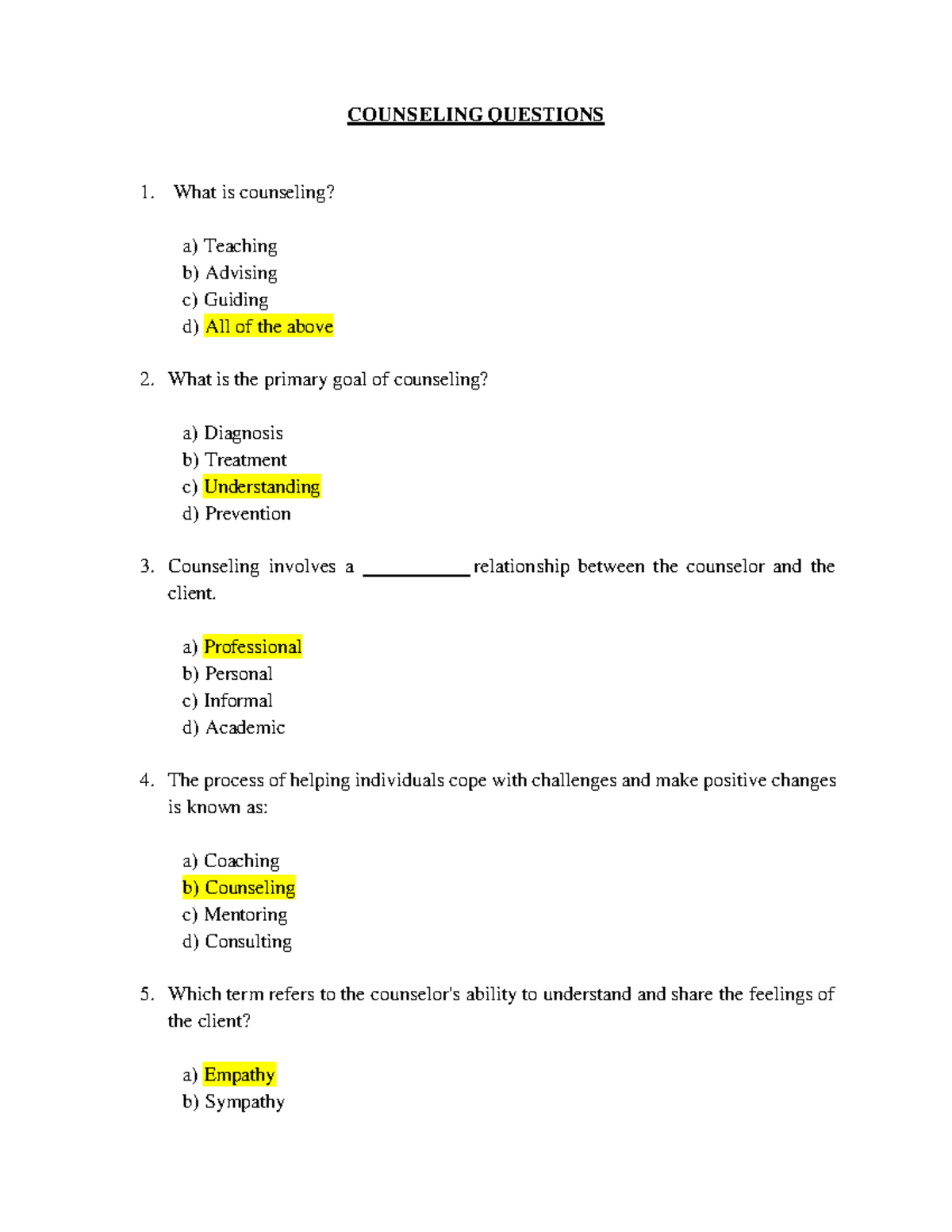 Edited Counseling Questions for Course Code: COUN 101 - Studocu