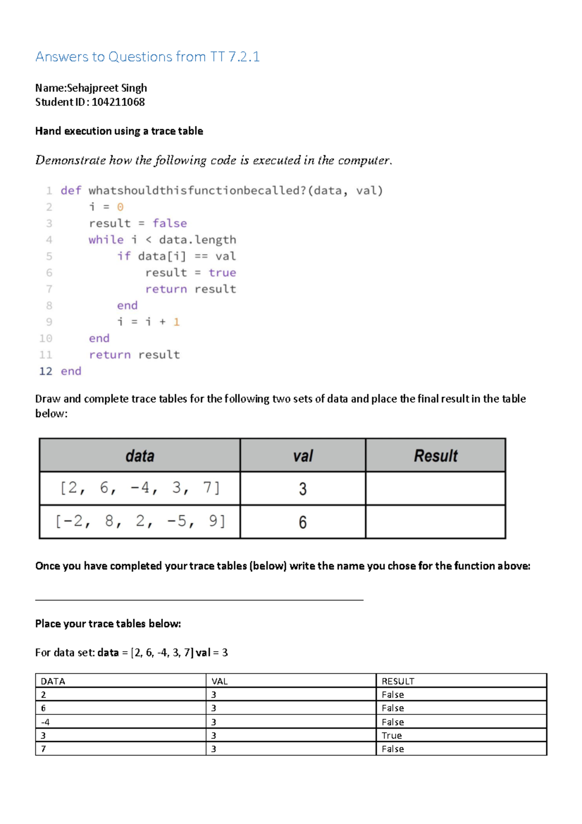 Tutorial Task TT 7 - Hand Execution of Array Search Results - Studocu