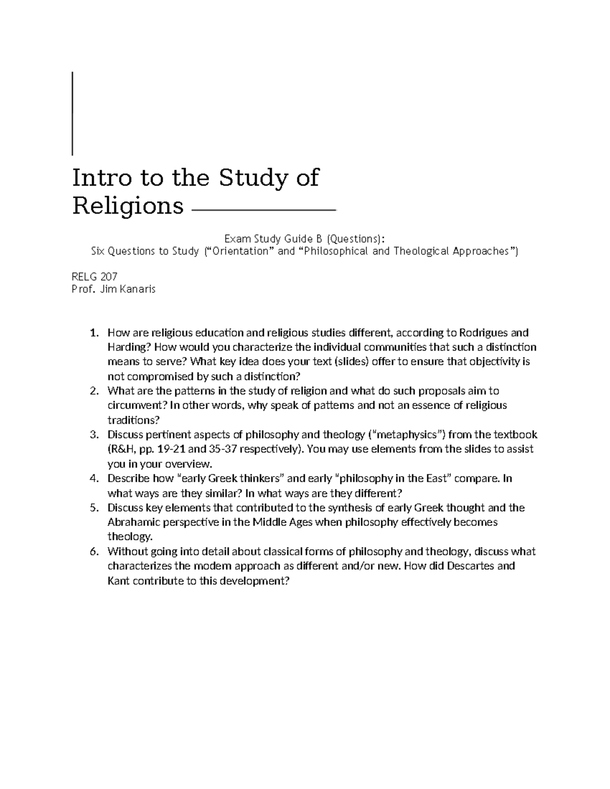 RELG 207: Intro to the Study of Religions Exam Study Guide B - Studocu