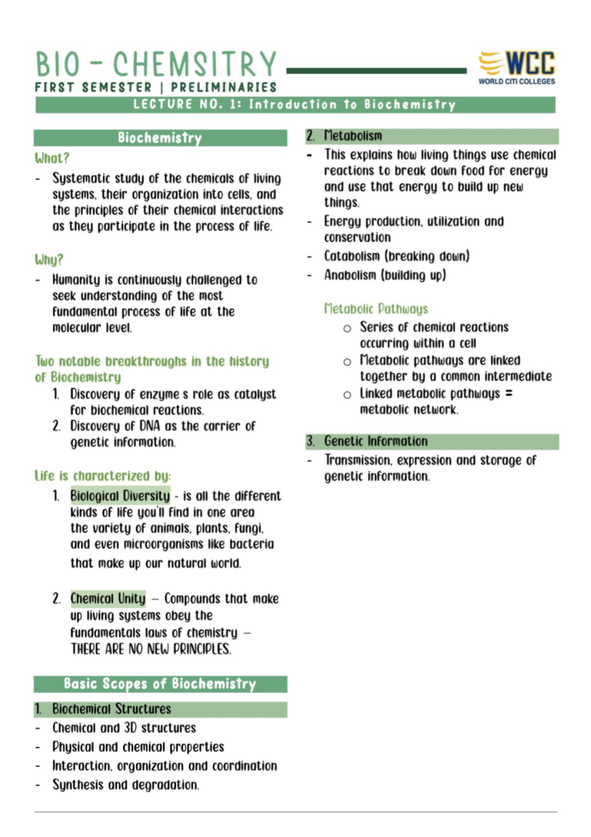 BIO CHEMISTRY WCC WORLD CITI COLLEGES FIRST SEMESTER PRELIMINARIES ...