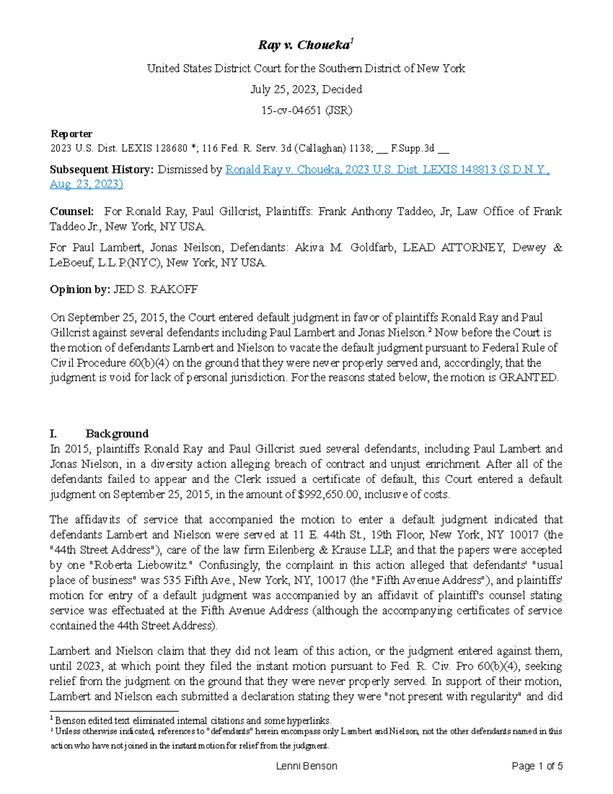 Ray v. Choueka: Rule 60(b)(4) Motion to Vacate Default Judgment - Studocu
