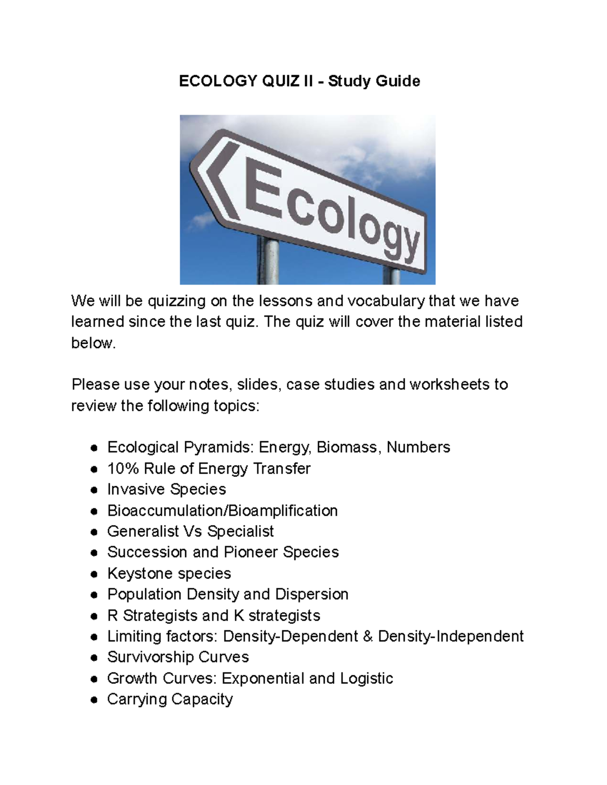 ECOLOGY 101: Study Guide for QUIZ II on Key Concepts and Terms ...