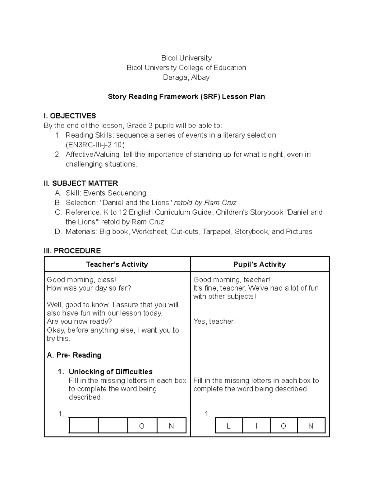 Zarcia SRF Lesson Plan (English) - Bicol University Bicol University ...