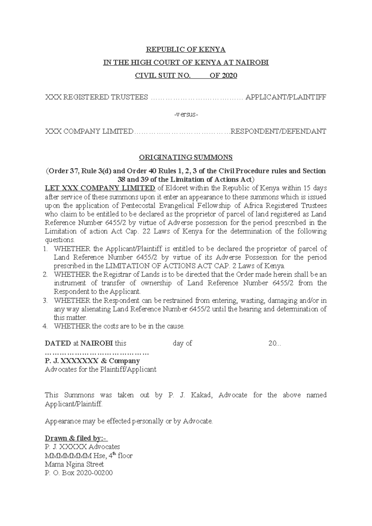CIVIL SUIT NO. 2020: Originating Summons for Land Ownership Dispute ...
