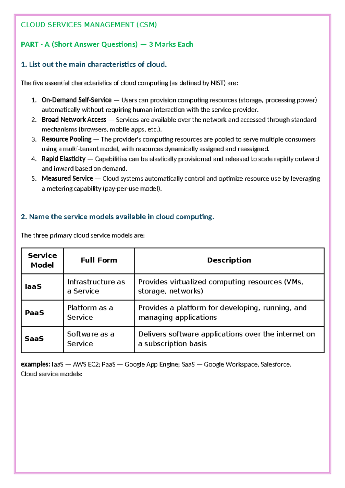 CSM - Cloud Services Management Part A & B Answers - Studocu