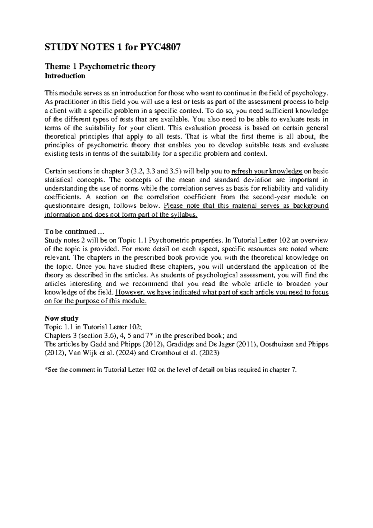 Study Notes 1 for PYC4807: Introduction to Psychometric Theory - Studocu