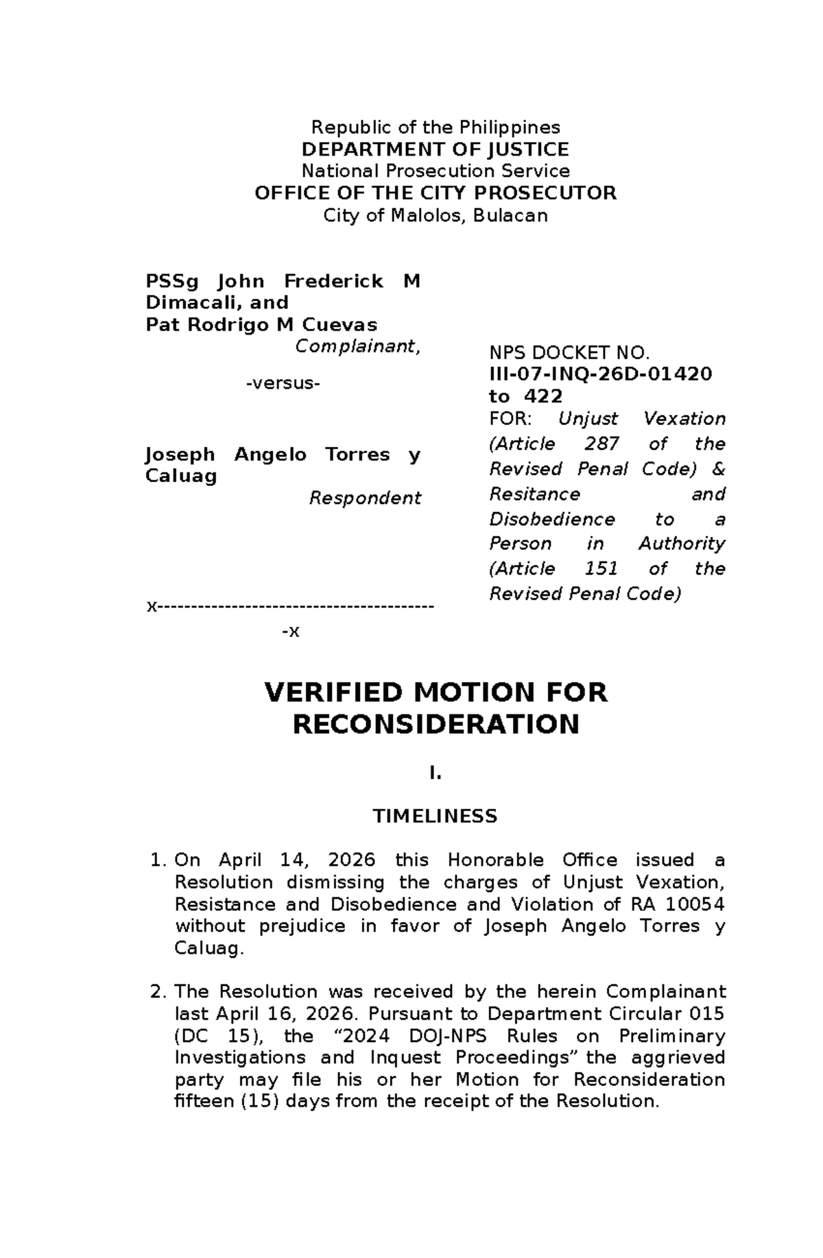 MR - Sample Motion for Reconsideration in Criminal Case PSSg John ...