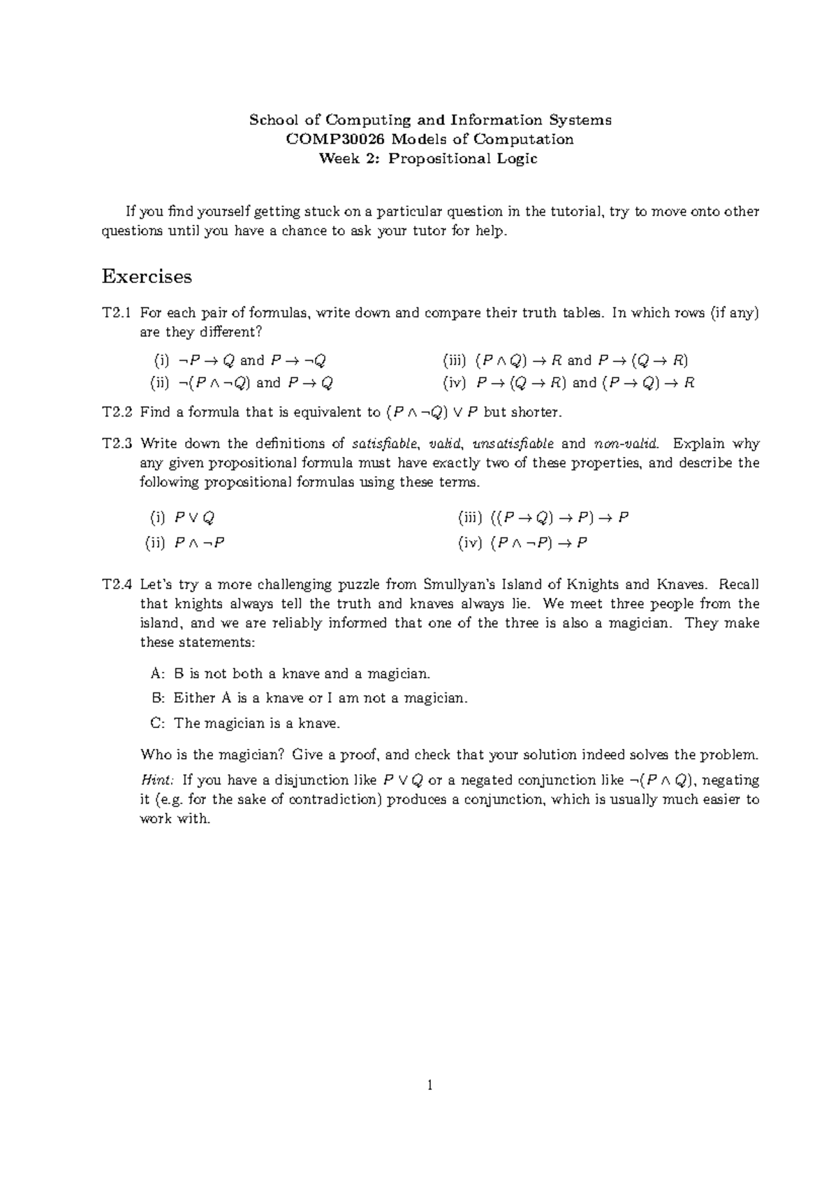 COMP30026 Tutorial 02: Propositional Logic Exercises and Puzzles - Studocu
