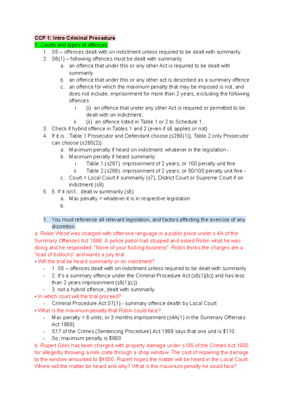 CCP 1 - Intro to Criminal Procedure: Week 1 Tutorial Notes Summary ...