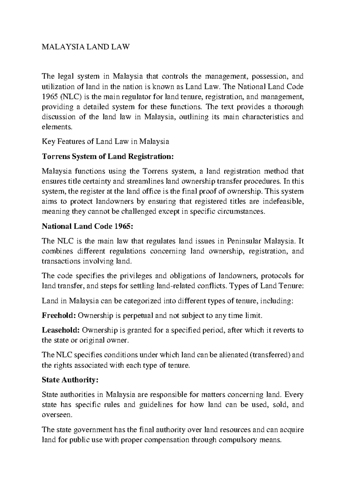 MALAYSIA LAND LAW Overview: Key Features & National Land Code 1965 ...