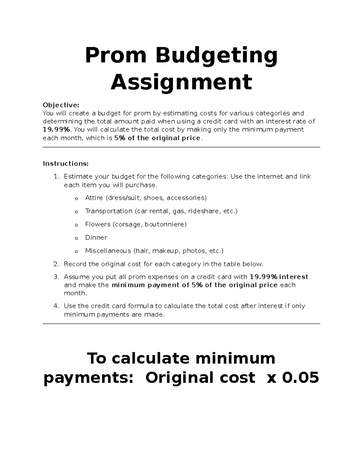 Prom Budgeting Assignment: Estimating Costs & Credit Impact - Studocu