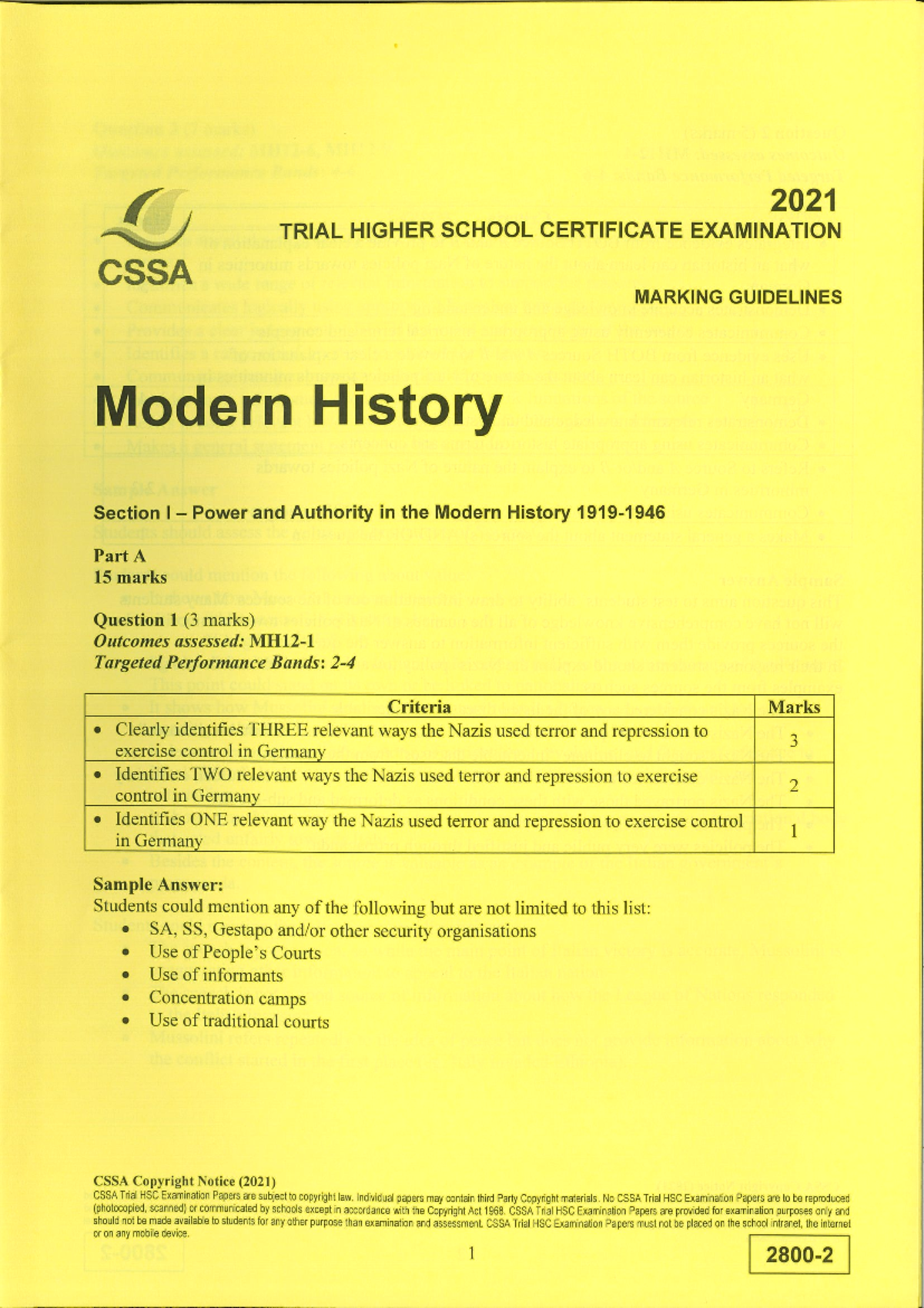 2021 HSC Modern History Trial Exam MG: Terror and Repression in Nazi ...