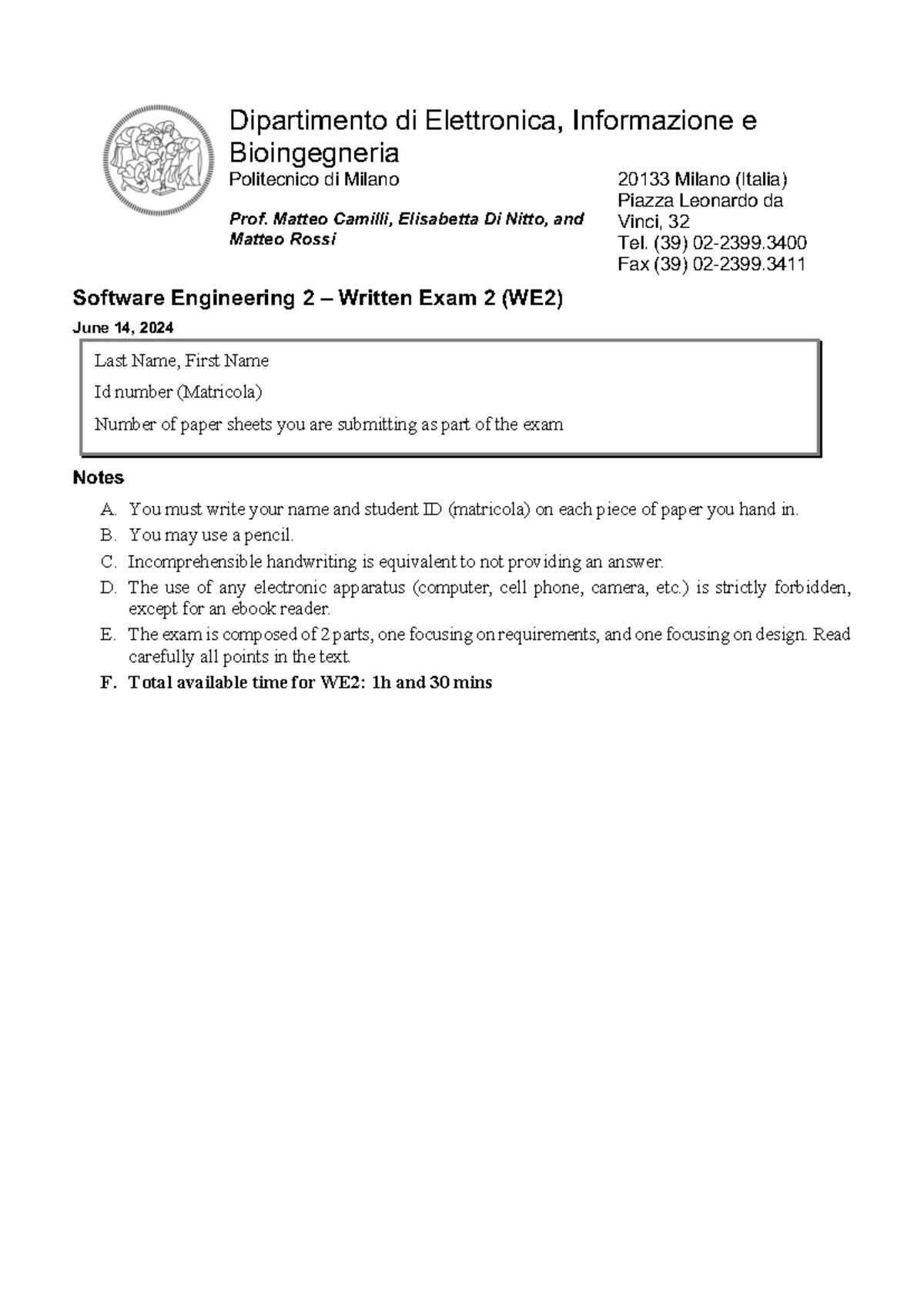 Software Engineering 2 Written Exam 1 (WE1) Solutions - July 26, 2021 ...