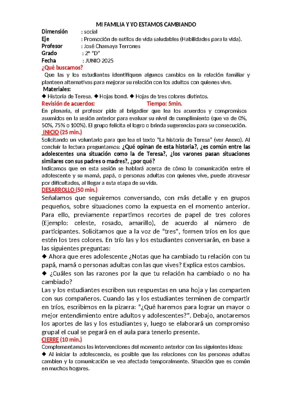MI FAMILIA Y YO: Cambios en la Relación Familiar - Tutoría 2025 - Studocu