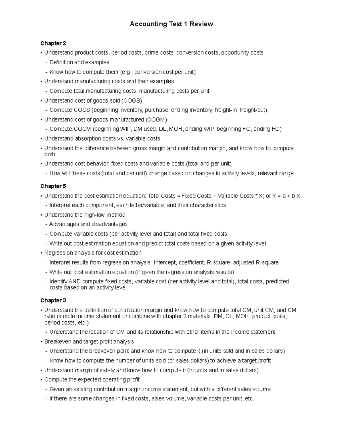 Accounting Test 1 Review: Key Concepts and Cost Analysis - Studocu