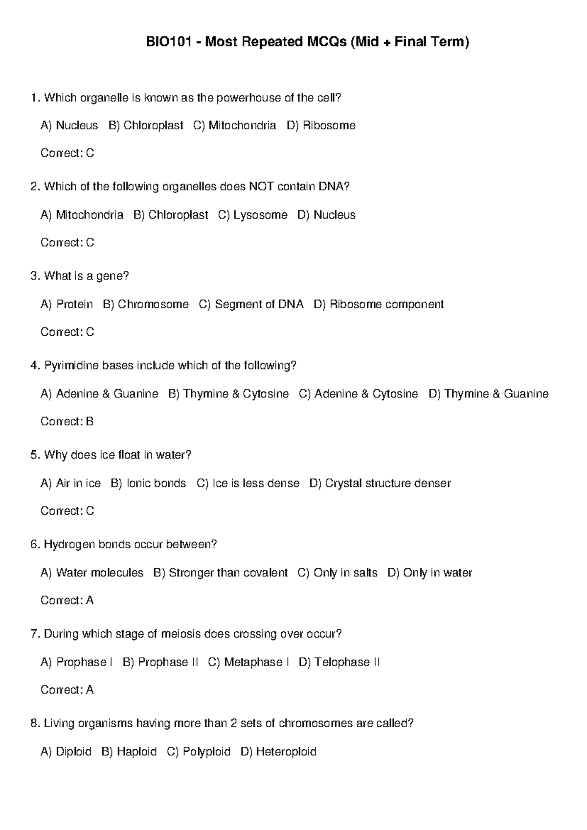 BIO101 Midterm Repeated MCQs for Easy Practice - Studocu