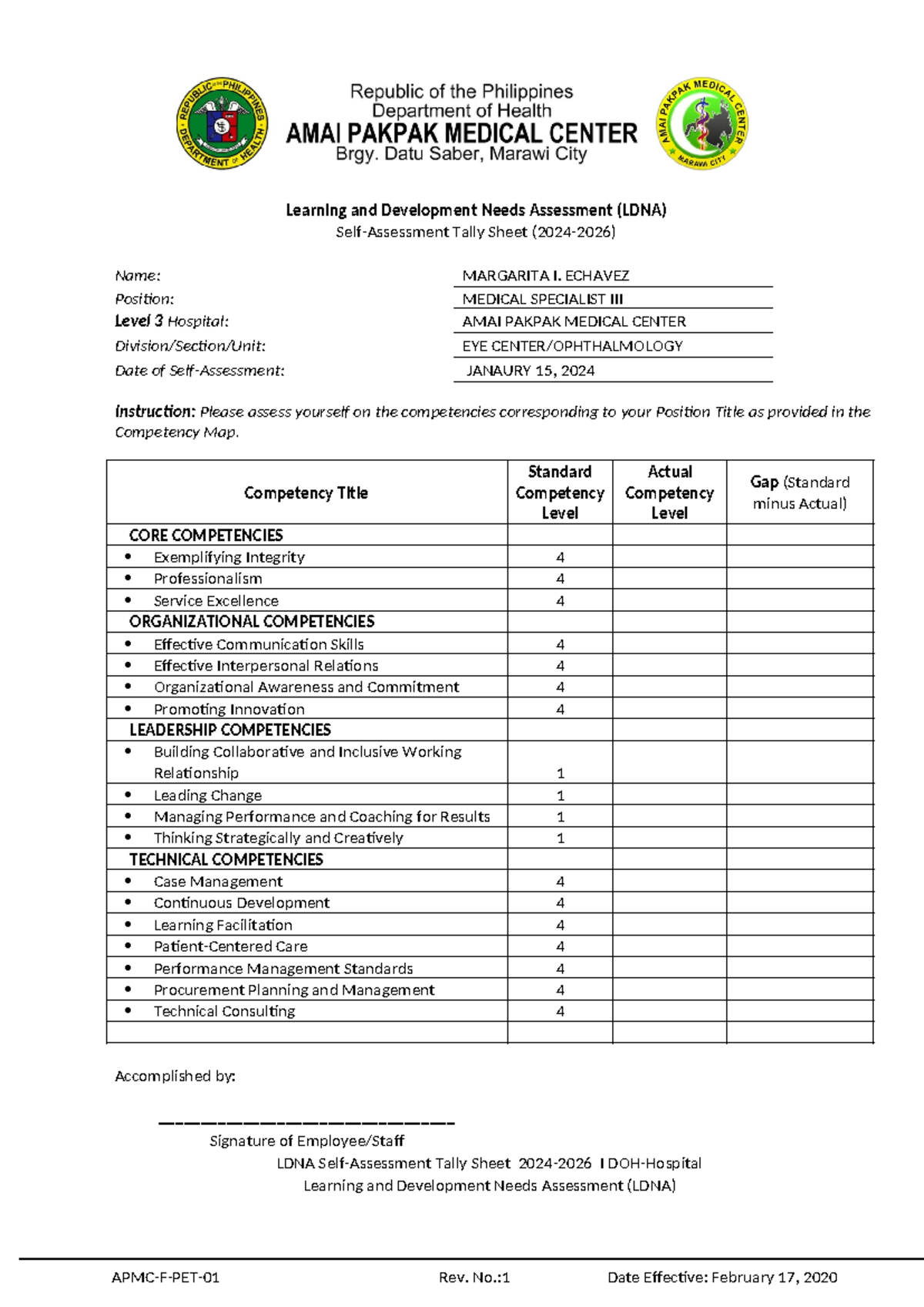 L&D Needs Assessment Tally Sheet for Doctors (LDNA) - 2024 - Studocu