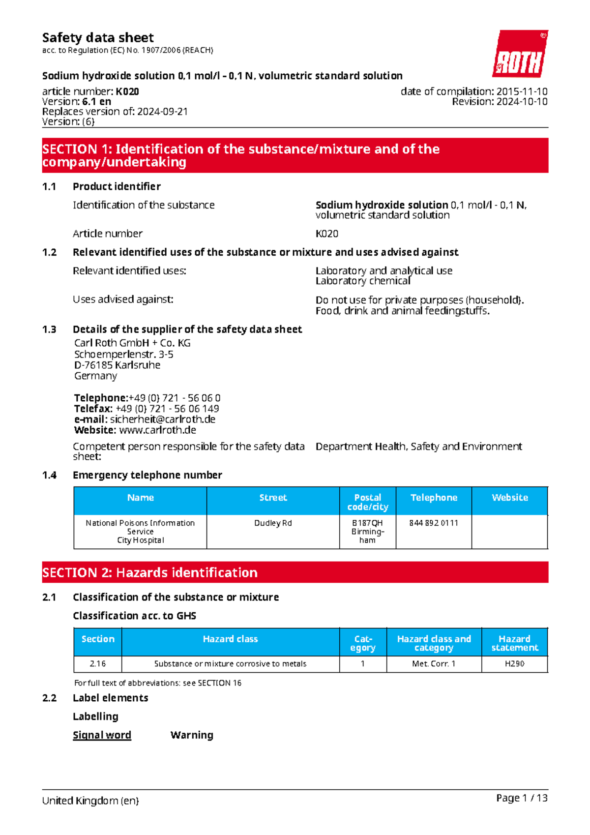 Safety Data Sheet (SDS) for Sodium Hydroxide Solution 0.1 N (K020 ...