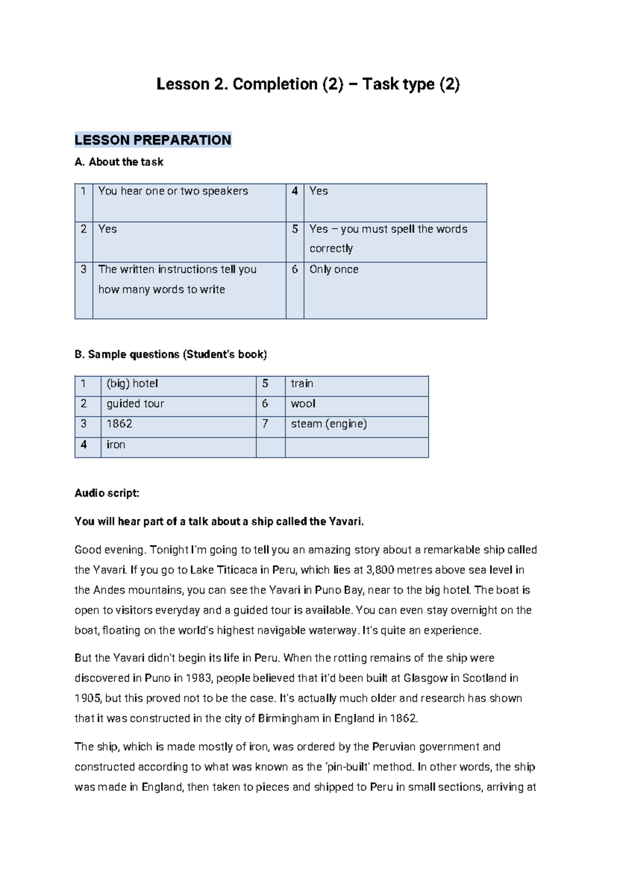 Lesson 2: Listening Completion Task Answers and Preparation Guide - Studocu