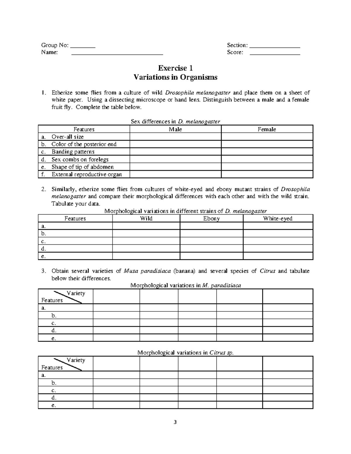 Genetics Lab Exercise 1: Variations in Organisms Analysis - Studocu
