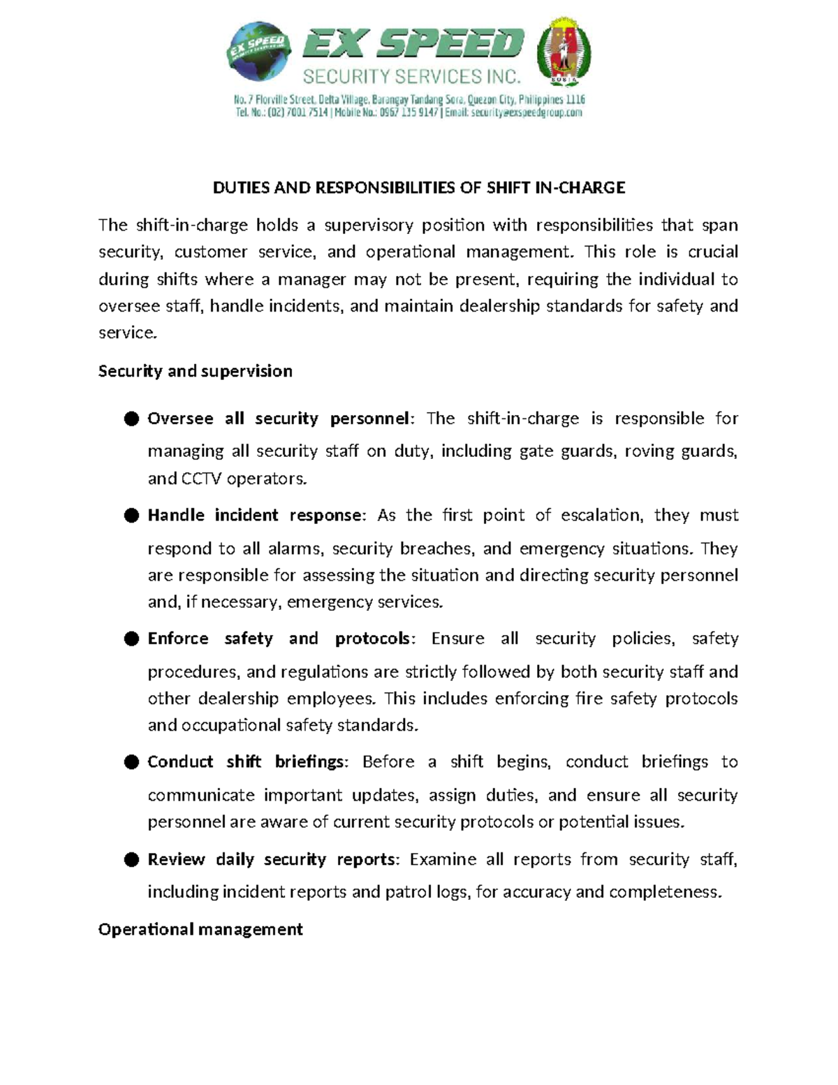 DUTIES OF SHIFT IN CHARGE - IT (DUTIES & RESPONSIBILITIES) - Studocu