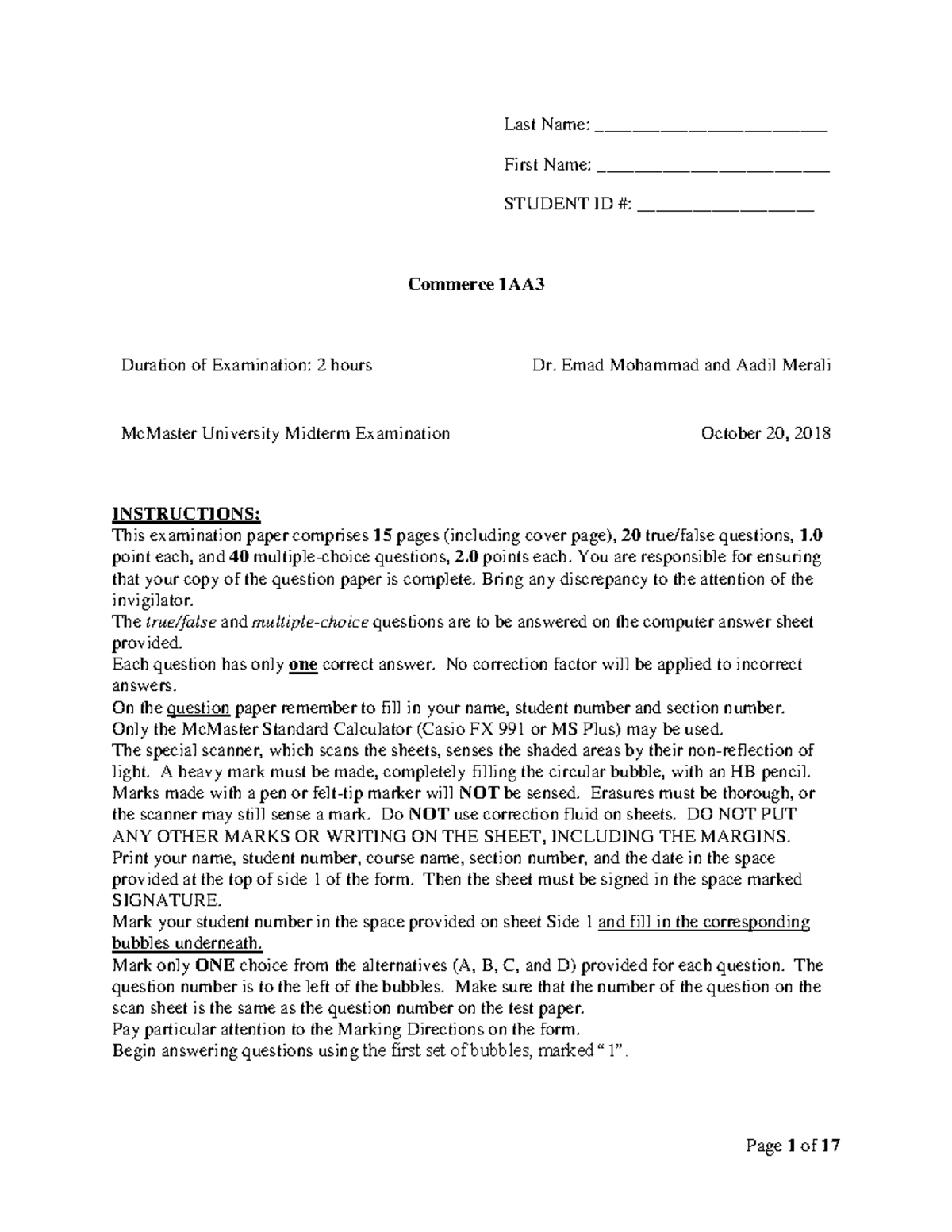 2018 Commerce 1AA3 Midterm Exam Practice Questions - Studocu