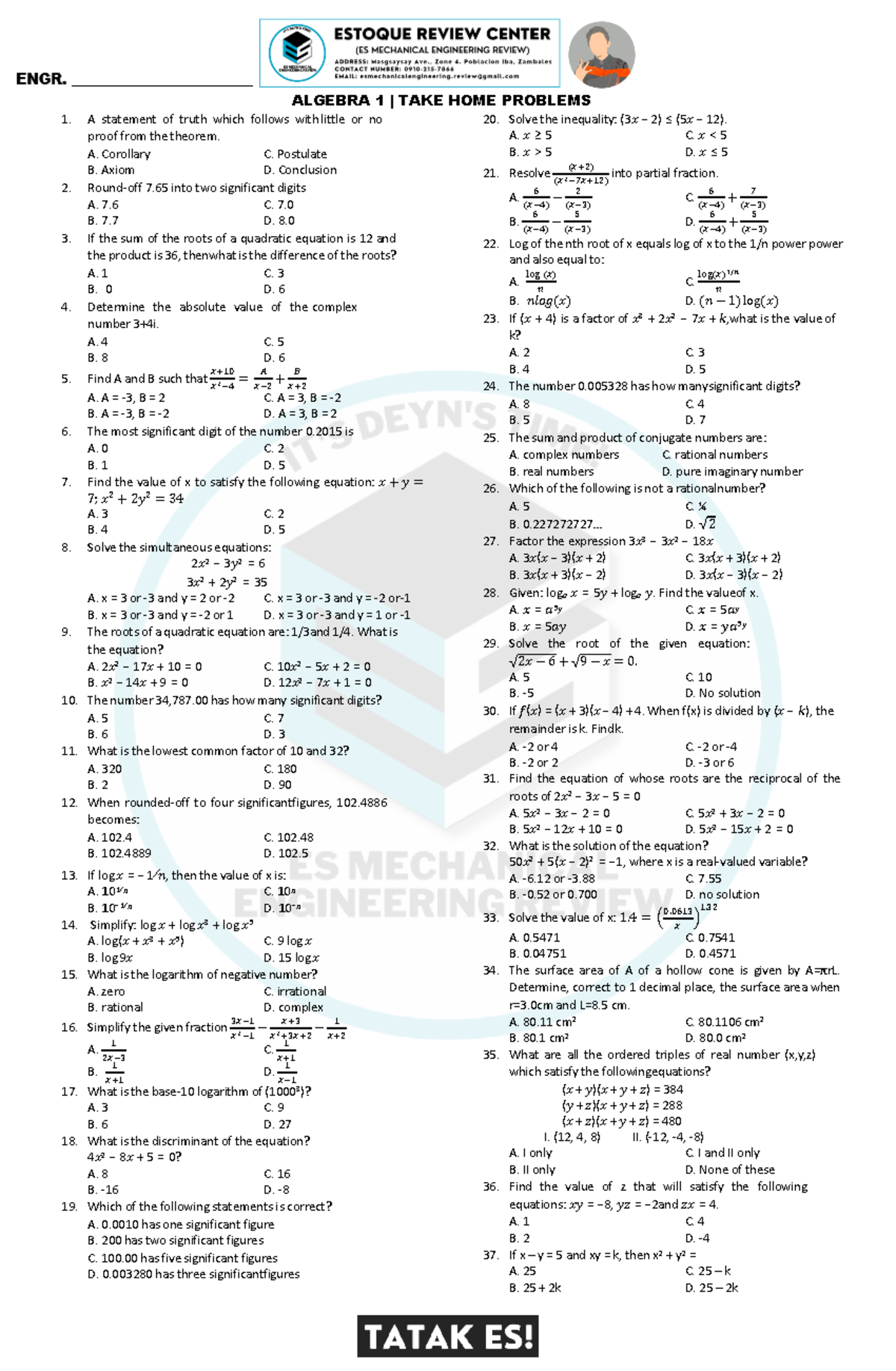 Algebra 1 | Take Home Problems Review Exercises - Studocu