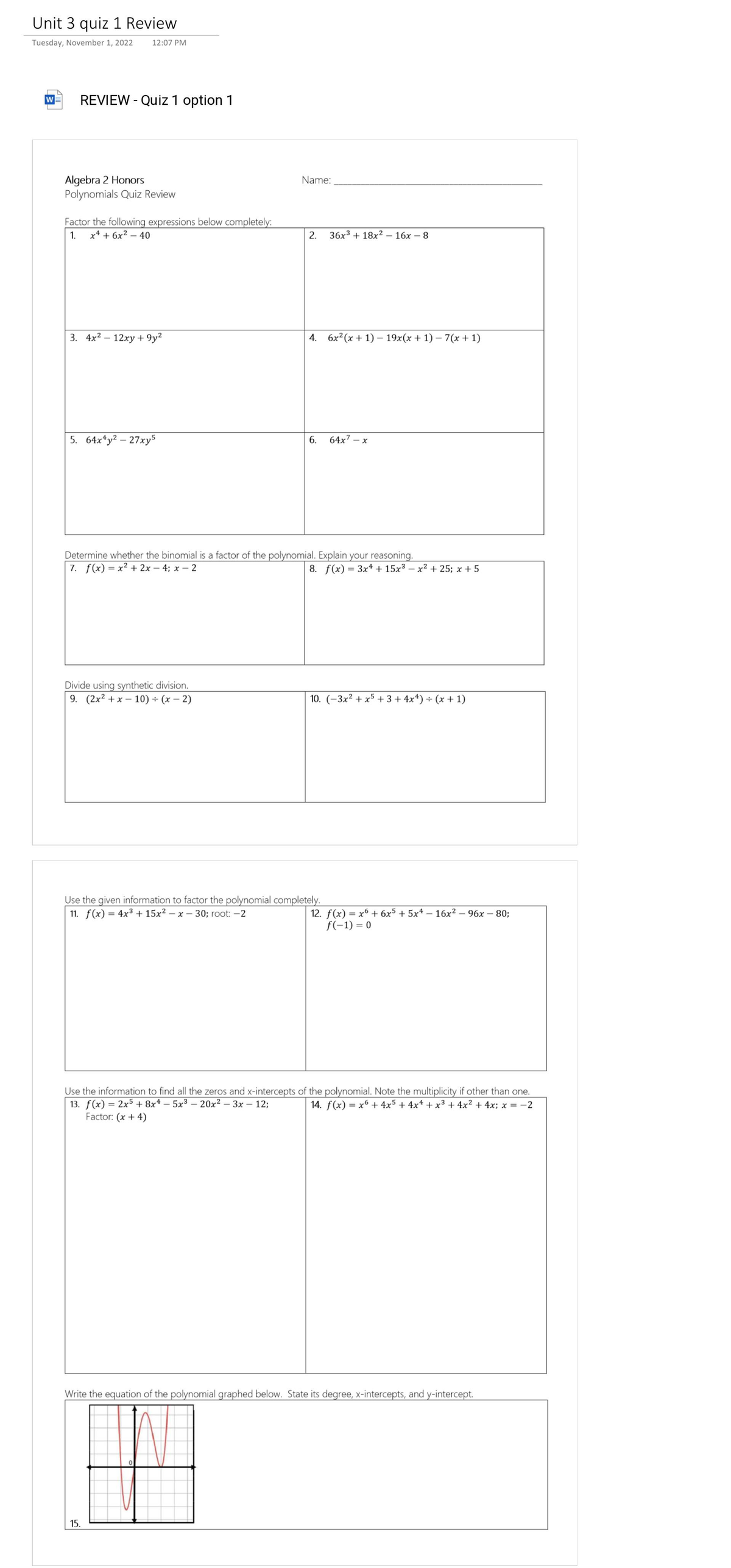Algebra 2 Honors Unit 3 Quiz 1 Review - Polynomials - Studocu