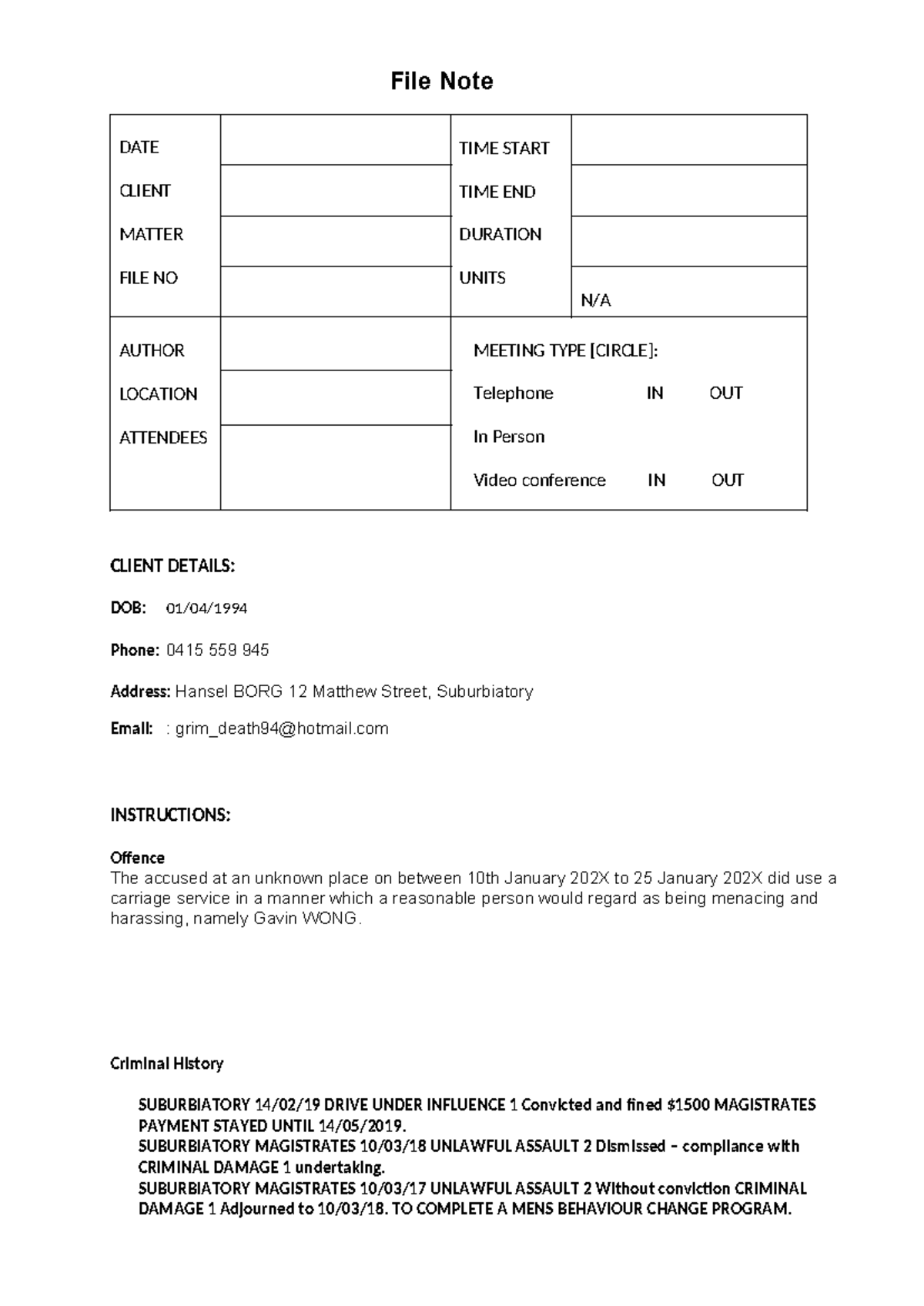 File Note Template - Task 2: Client Meeting Details & Instructions ...