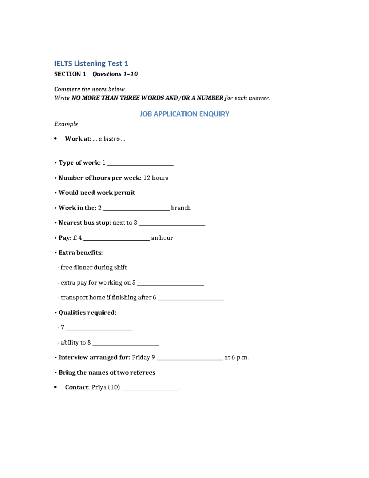 IELTS Listening Test 1: Section 1 & 2 Notes and Questions - Studocu