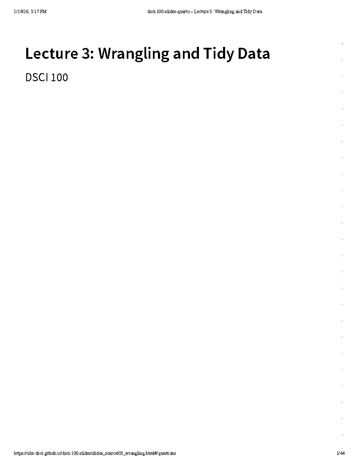 DSCI 100 Lecture 3: Data Wrangling and Tidy Data Overview - Studocu