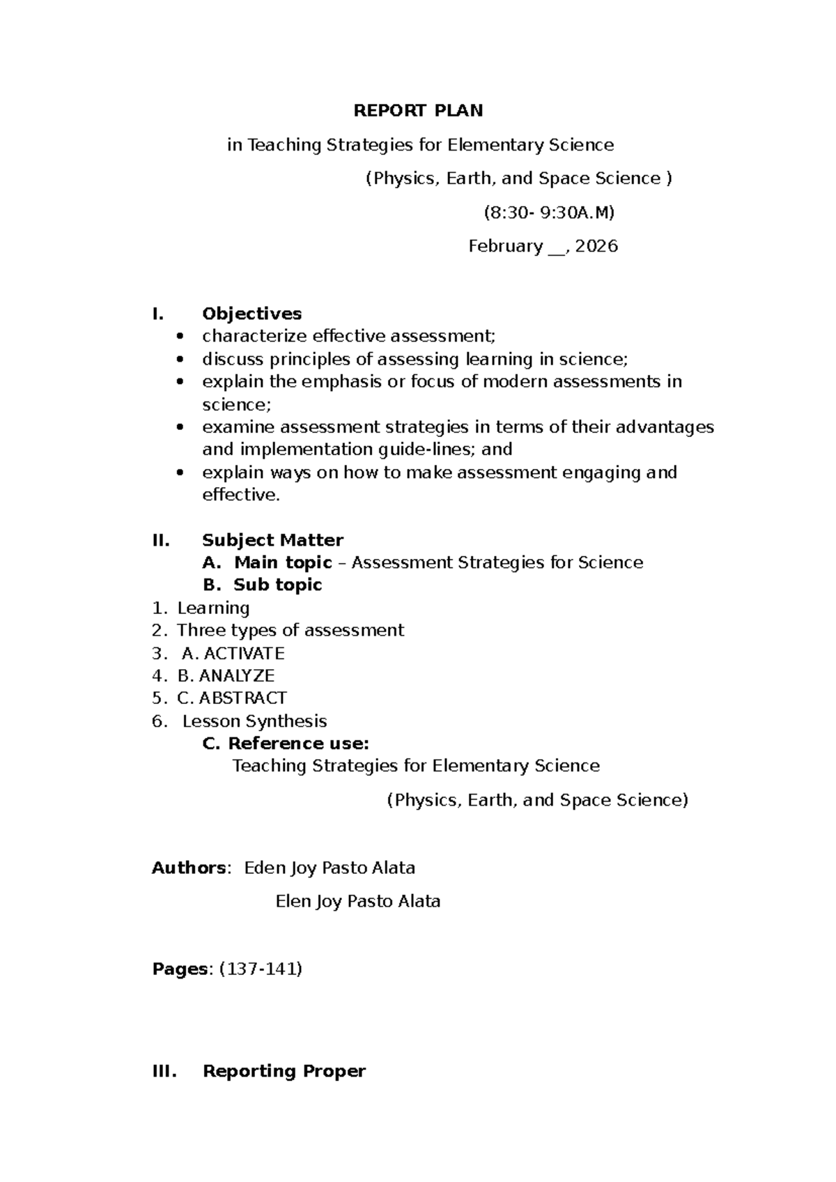 Teaching Strategies for Elementary Science: Assessment Report Plan (9: ...