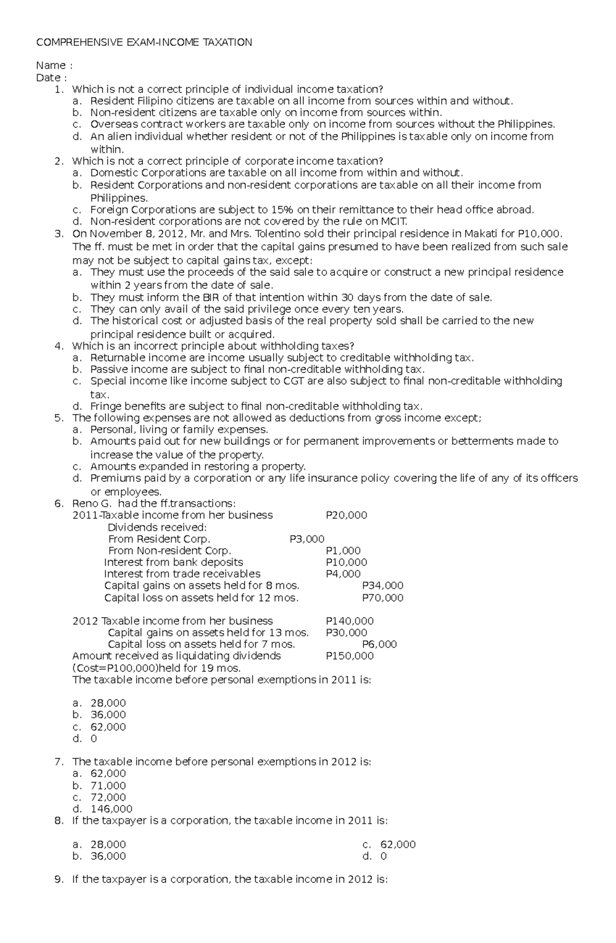 Comprehensive Exam on Income Taxation for Course Code 101 - Studocu