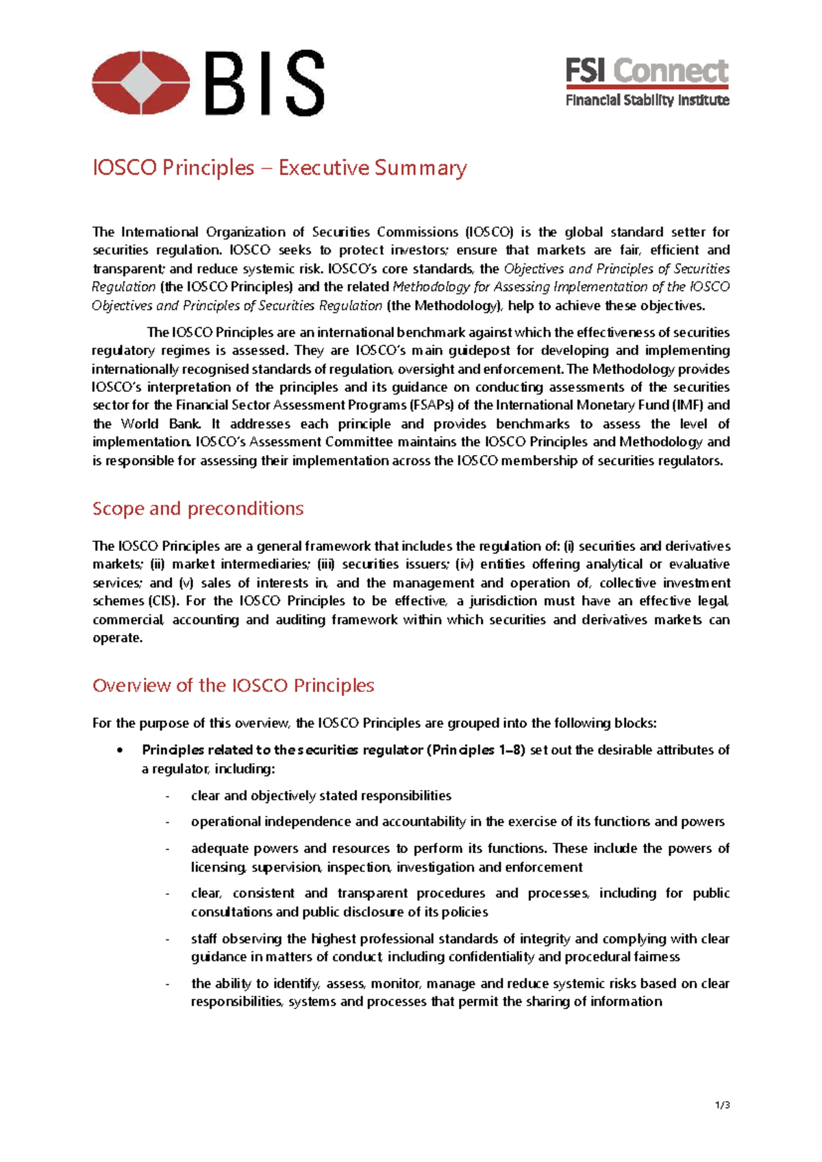 IOSCO Principles: Executive Summary and Overview of Standards - Studocu