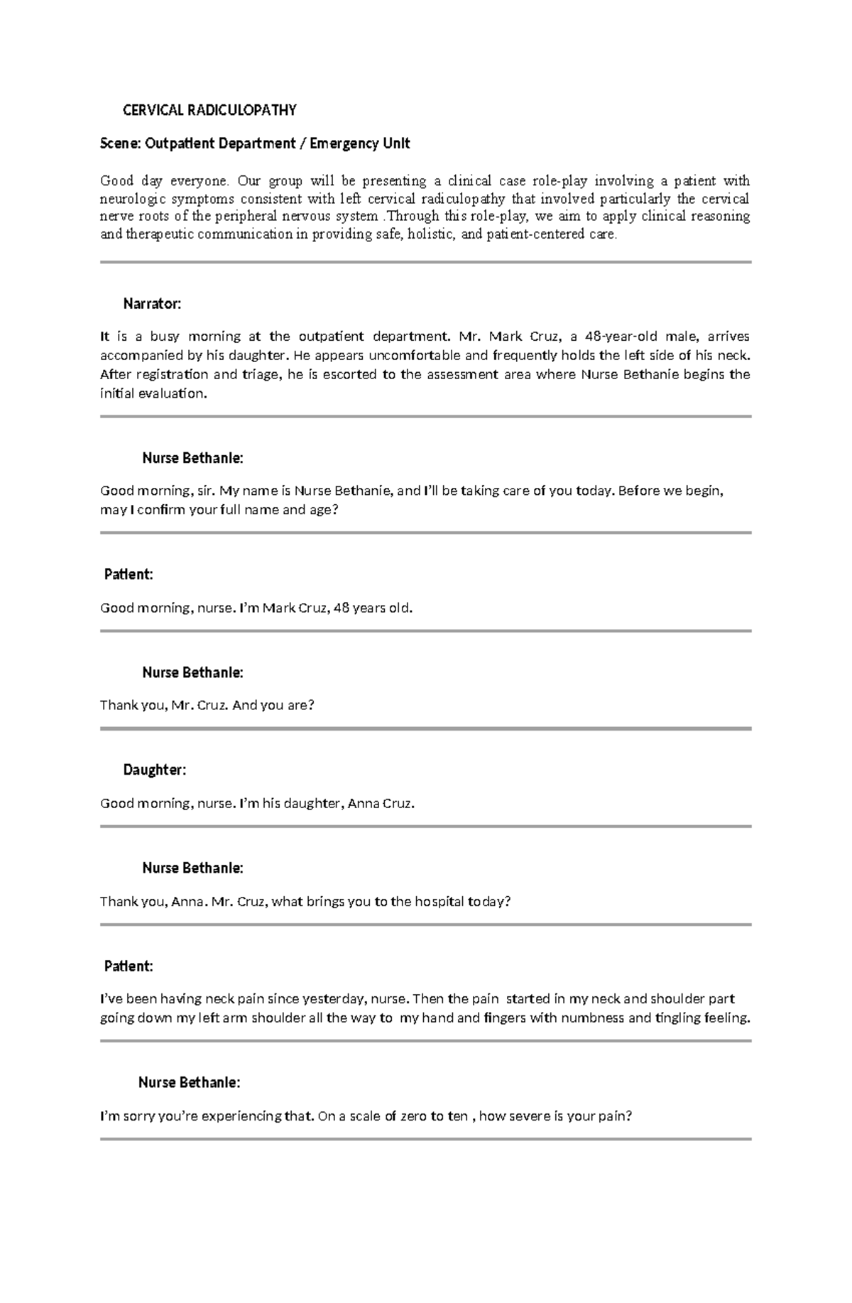 CERVICAL RADICULOPATHY Case Study: Outpatient Roleplay Script - Studocu