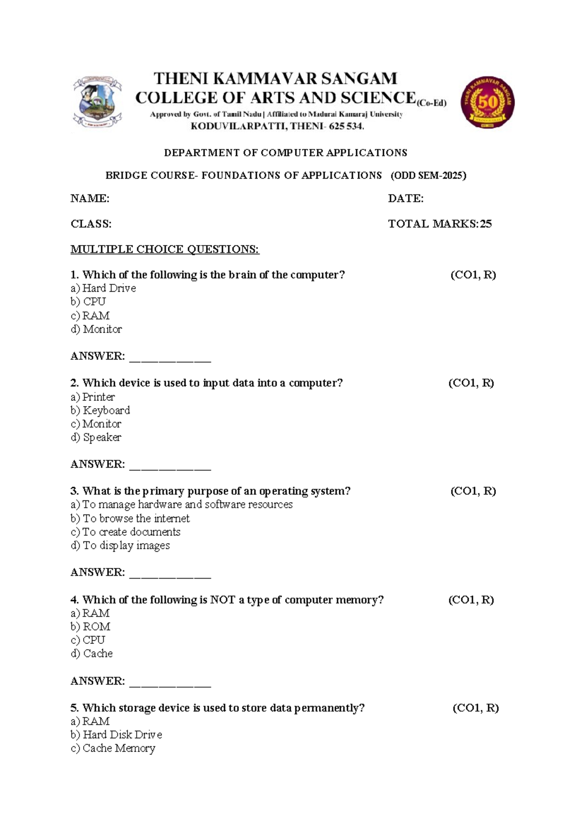 Bridge Course MCQ (2025-2026) - Computer Applications - Studocu