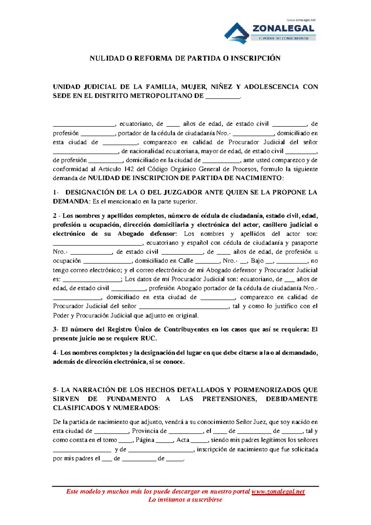 Nulidad o Reforma de Partida de Inscripción - Juicio Familiar - Document Preview