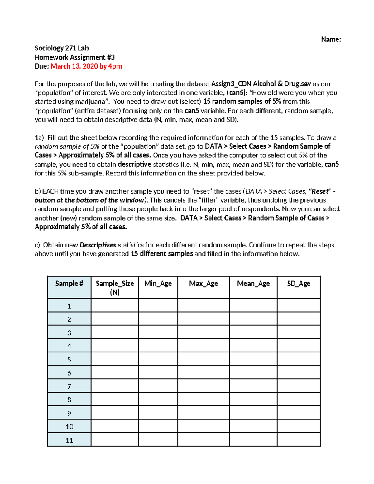 Sociology 271 Lab Assignment 3: Random Sampling Analysis - Studocu