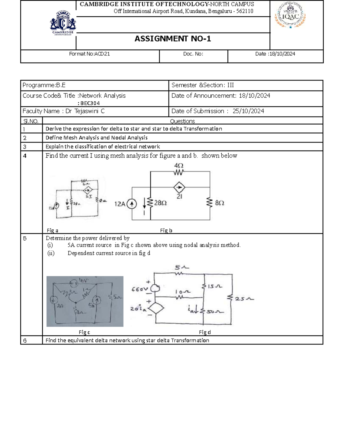 B.E Semester Assignment: Network Analysis (BEC304) - Delta/Star ...