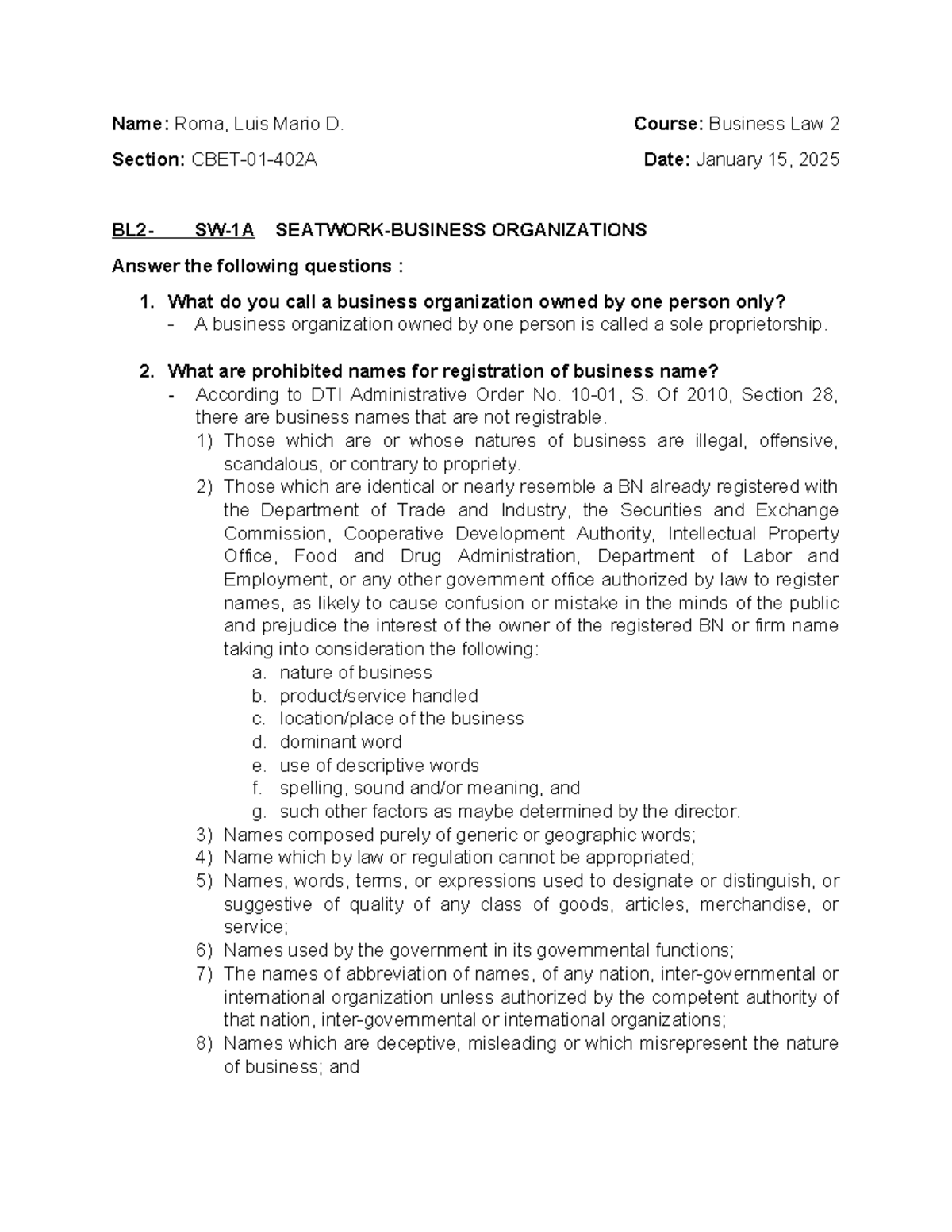 Business Law 2 (Law on Partnerships and Corporations) - Name: Roma ...