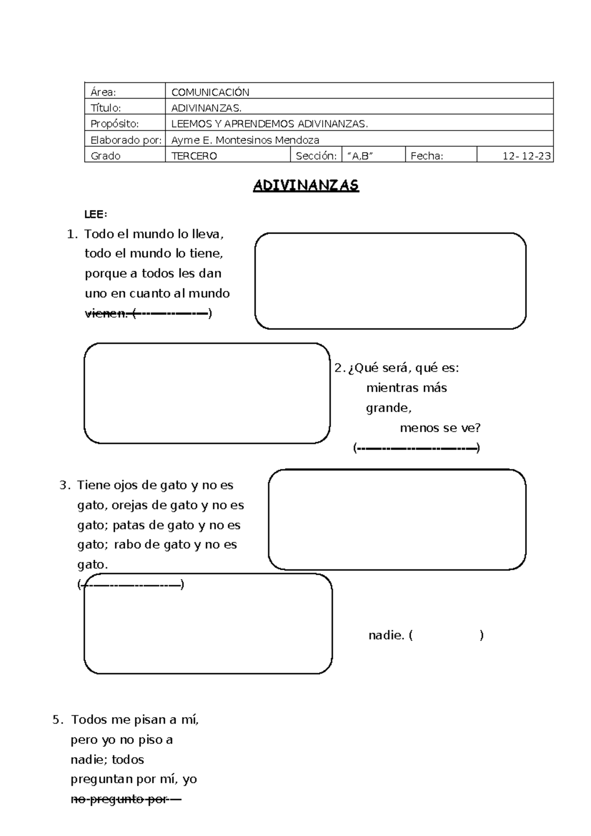 Adivinanzas para Aprender: Ficha de Comunicación TERCERO - Studocu