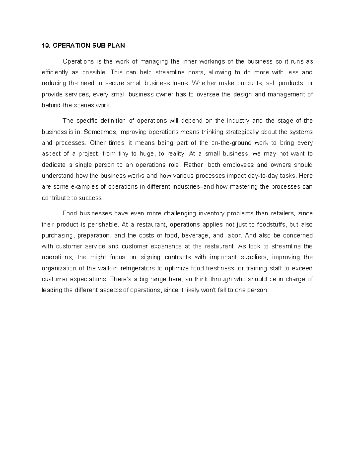 Operation Sub Plan for Bento Box Business Management - Studocu