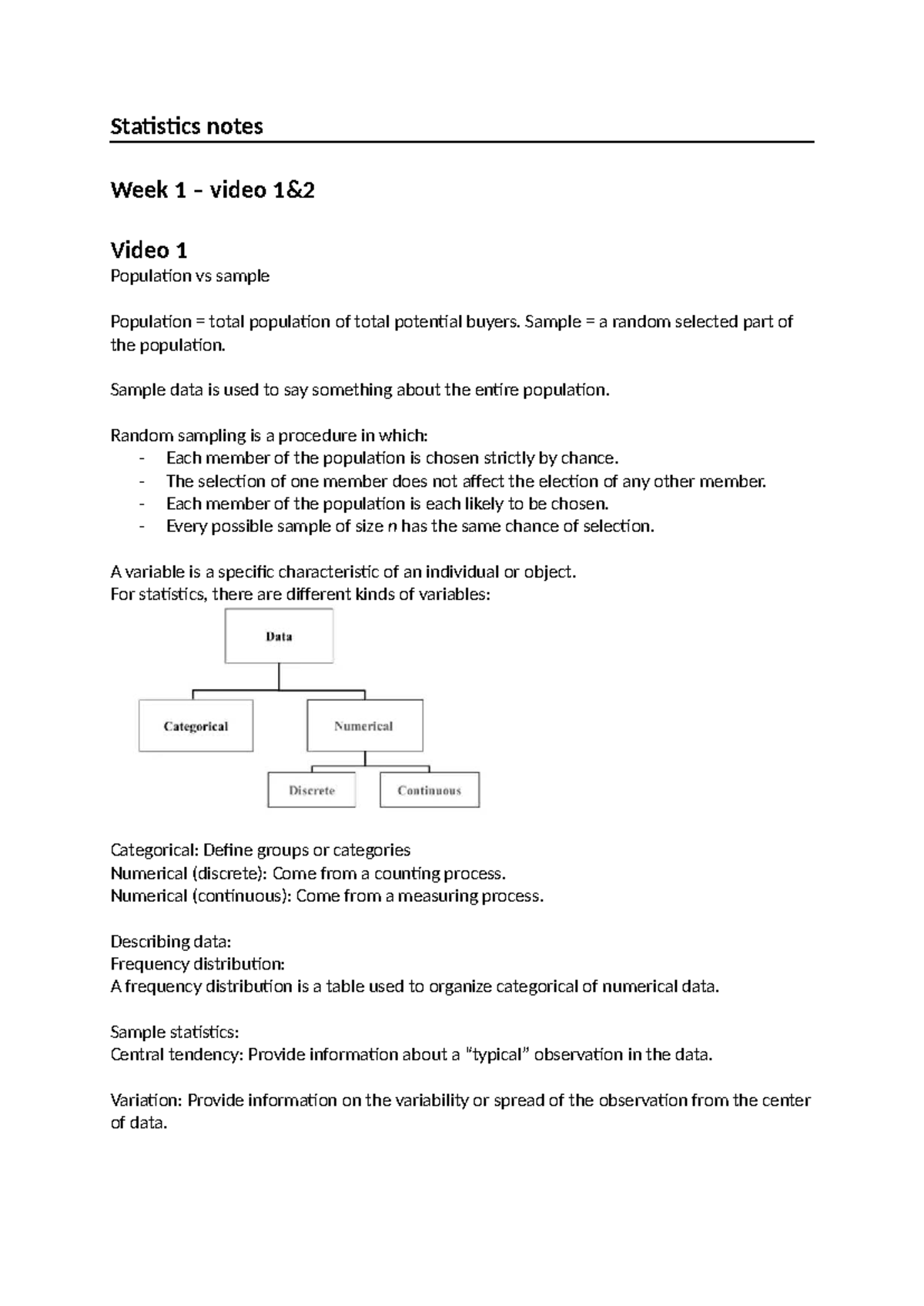 Statistics Notes: Week 1-2 Overview of Population, Samples, and ...