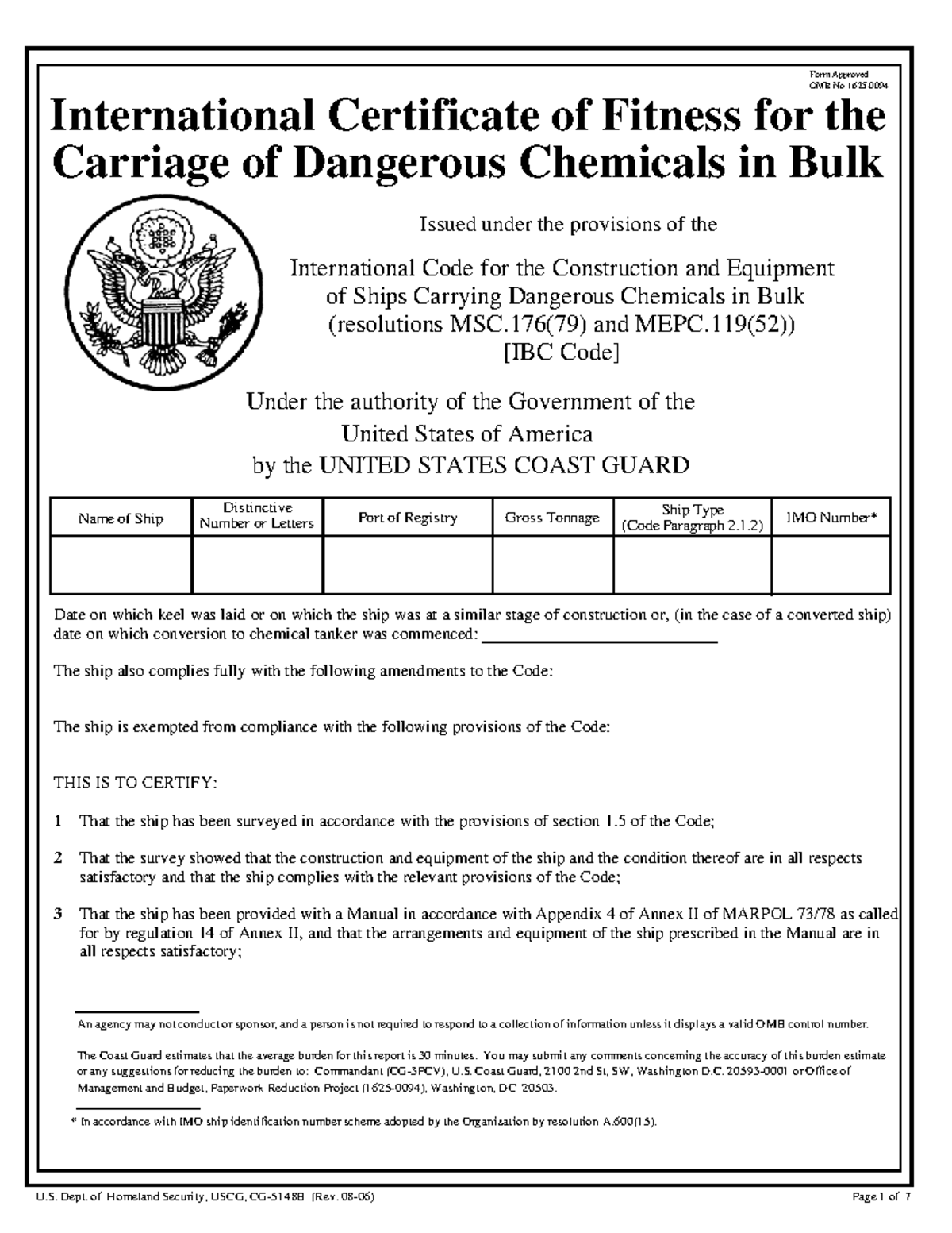 International Certificate of Fitness for Dangerous Chemicals - CG 5148B ...
