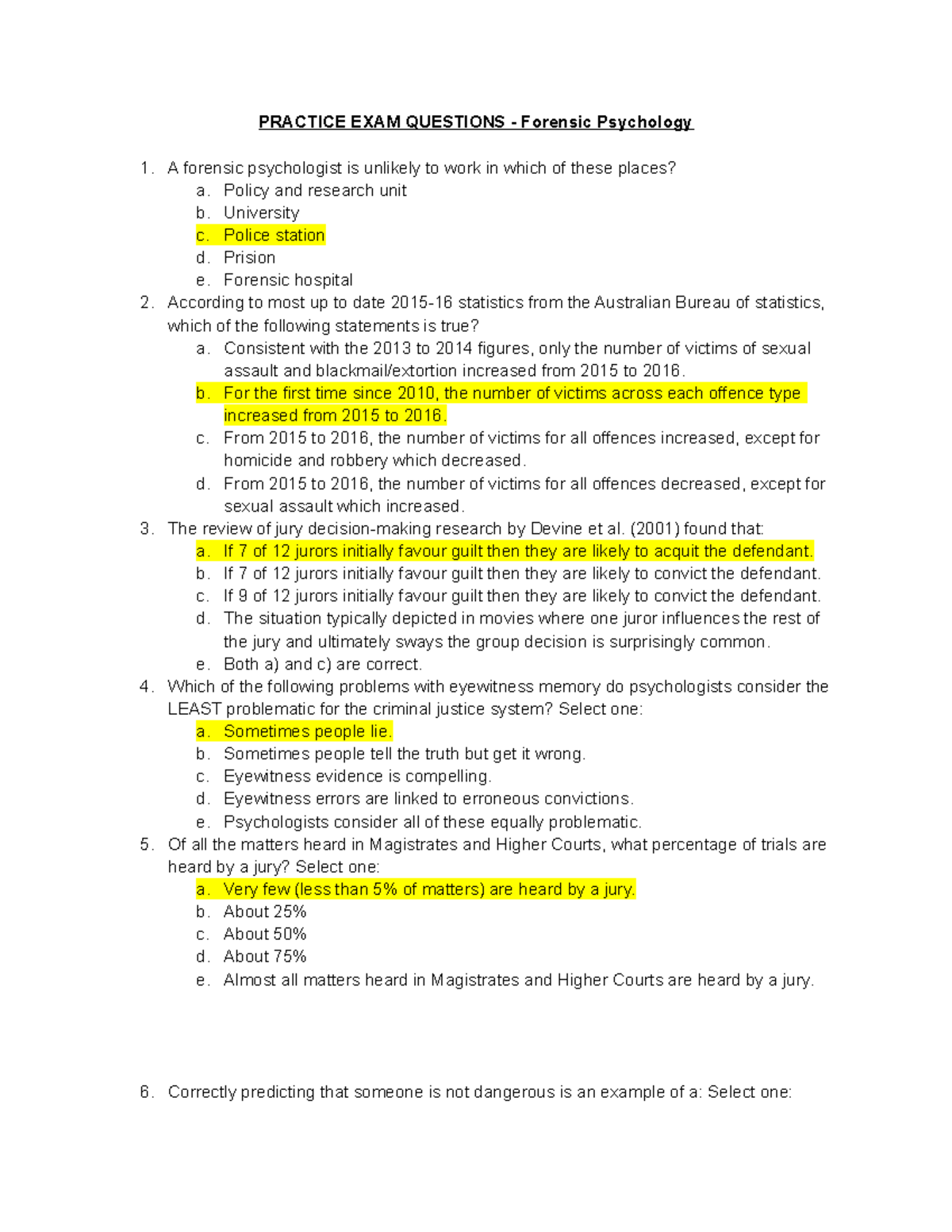 Exams Qs Psych 1027 - PRACTICE EXAM QUESTIONS - Forensic Psychology A ...
