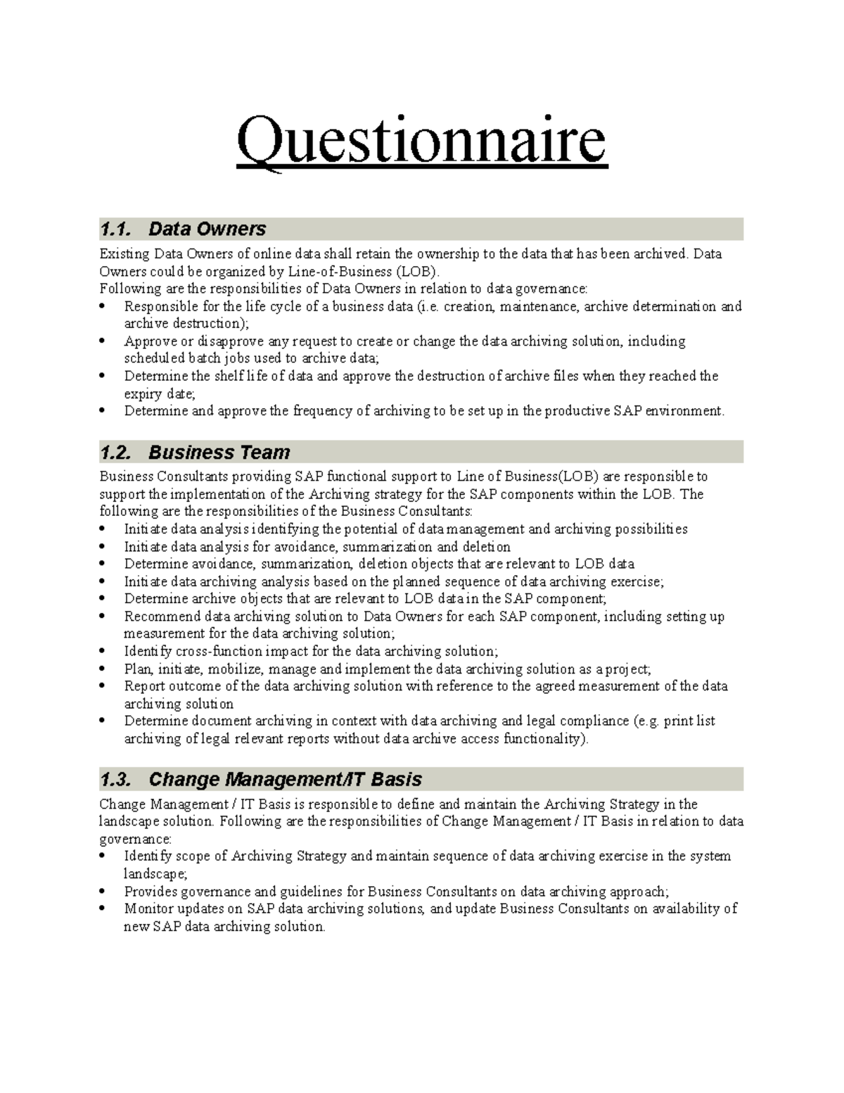Data Archiving Questionnaire for SAP Governance Strategies - Studocu